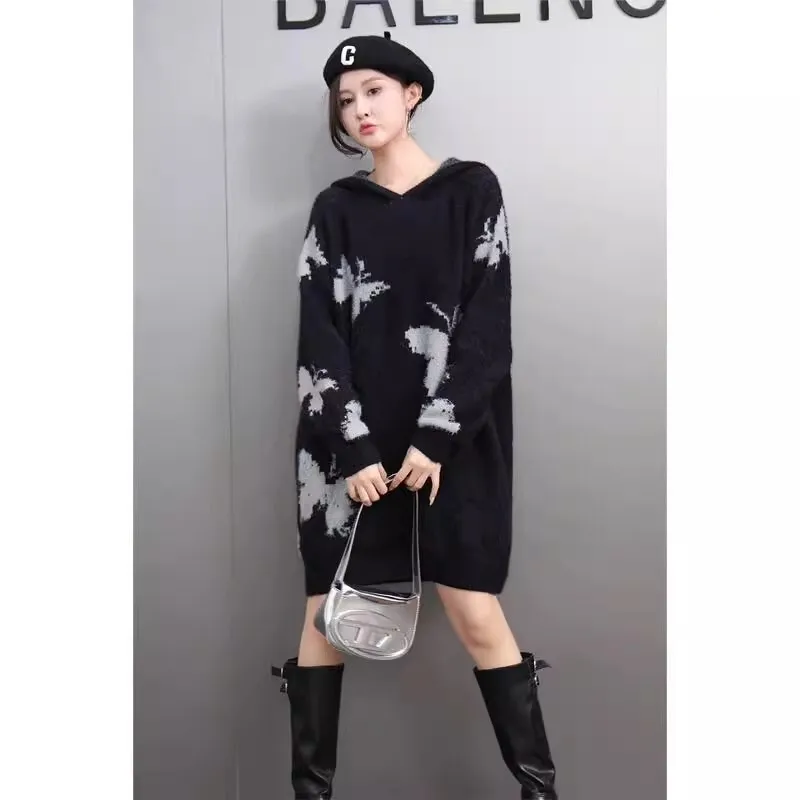 QING MO черный весна-осень 2023 новый женский пуловер с принтом бабочки свитер средней