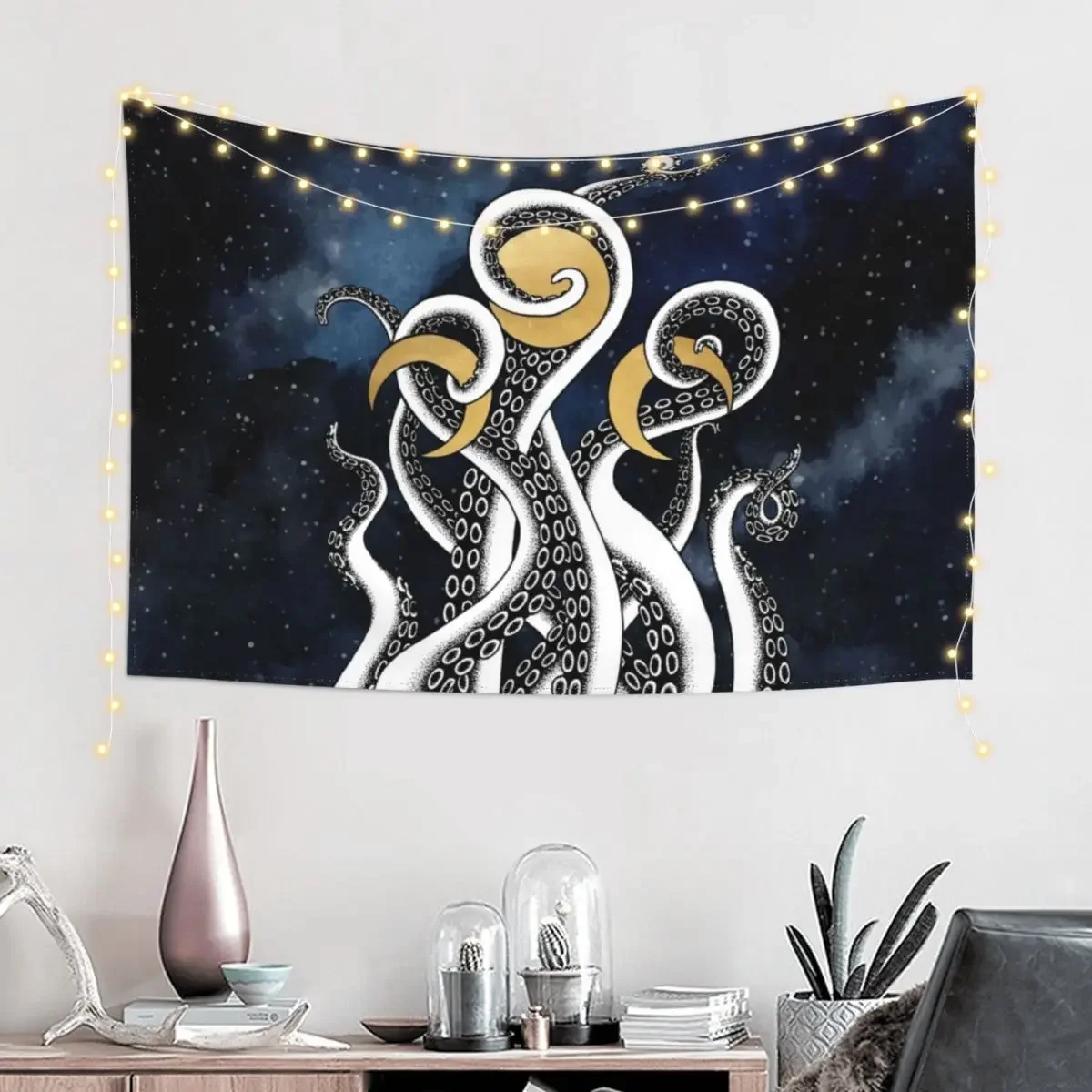 Эзотерическая иллюстрация киберпанка кракен с щупальцами и фазами луны гобелен