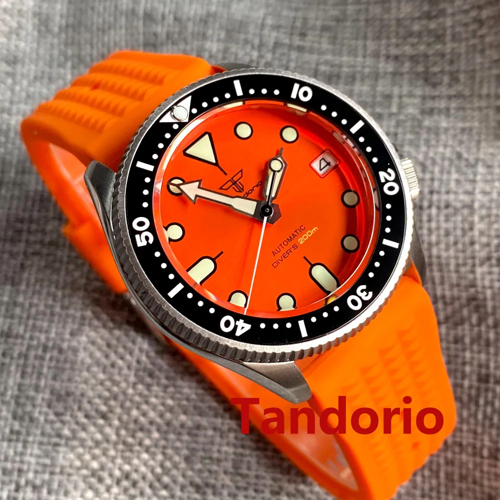 

37mm Tandorio 200M Diving Japan NH35A Ceramic Bezel 120 Click Sapphire Glass Luminous Auto Orange Dial Men Watch Date 3.8 Crown