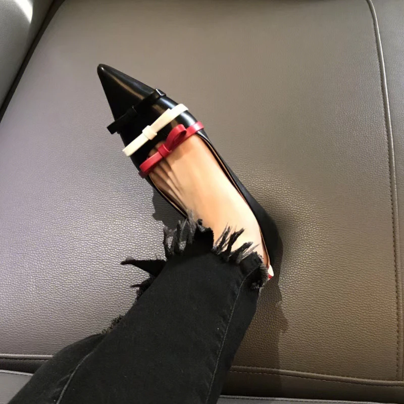 Women's Lucky Shoes 2023 Spring and Autumn New Bow Color-blocking Pointed Fashion Street Lazy Flat Shallow Single Shoes