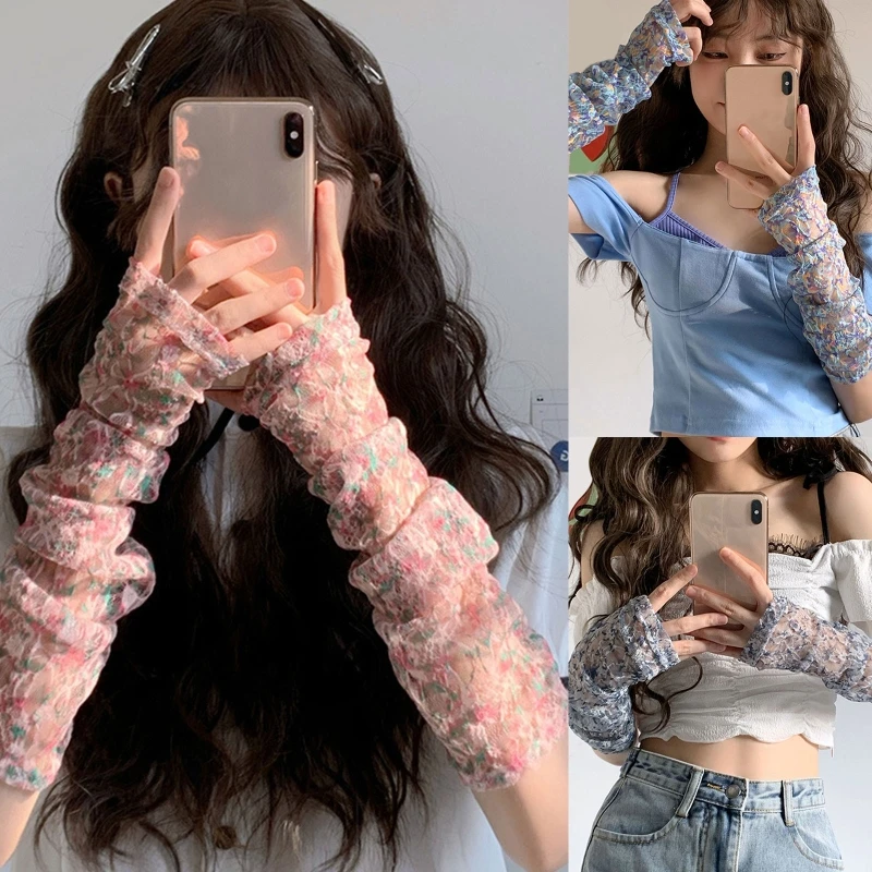 

Sunscreen Long Fingerless Lace Arm Sleeve Breathable Small Floral Arm Sleeves for Summer Air-conditioned Room L5YB