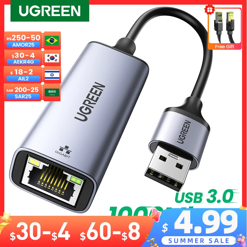 UGREEN USB Ethernet Adapter USB3.0 1000Mbps USB RJ45 Network Card for Laptop Xiaomi Mi Box S Nintendo Switch PC Internet USB Lan