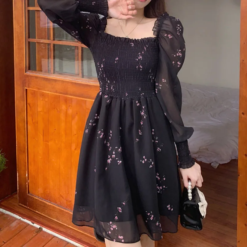 

Summer Dresses For Women's 2022 Sexy Black Dress Vintage Flower Long Puff Sleeve Chiffon Casual Mini Vestidos Mujer Clothes 2908