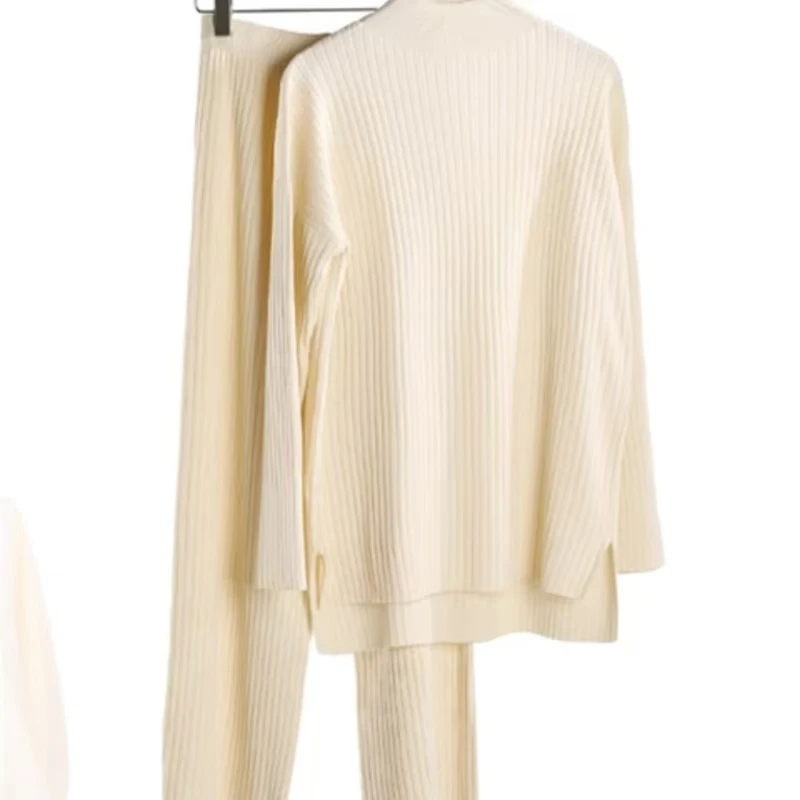 Монохромный вязаный костюм для женщин высокая шея широкие брюки волосы ленивого