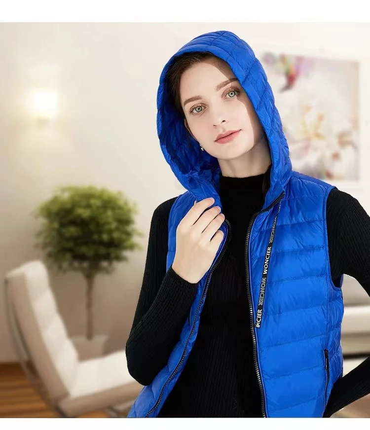 2023 Autumn Winter 90% Down Vest Jacket Female New Fashion Hooded Warm Waistcoat Black Slim Sleeveless  Short Vests Ladies Coat