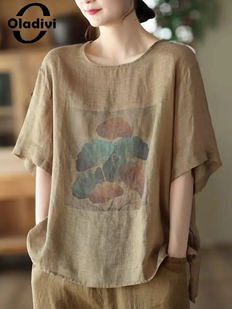 

Блузка Oladivi женская льняная с коротким рукавом, модная Повседневная Свободная рубашка с принтом, топ большого размера d, 2022, лето 3581