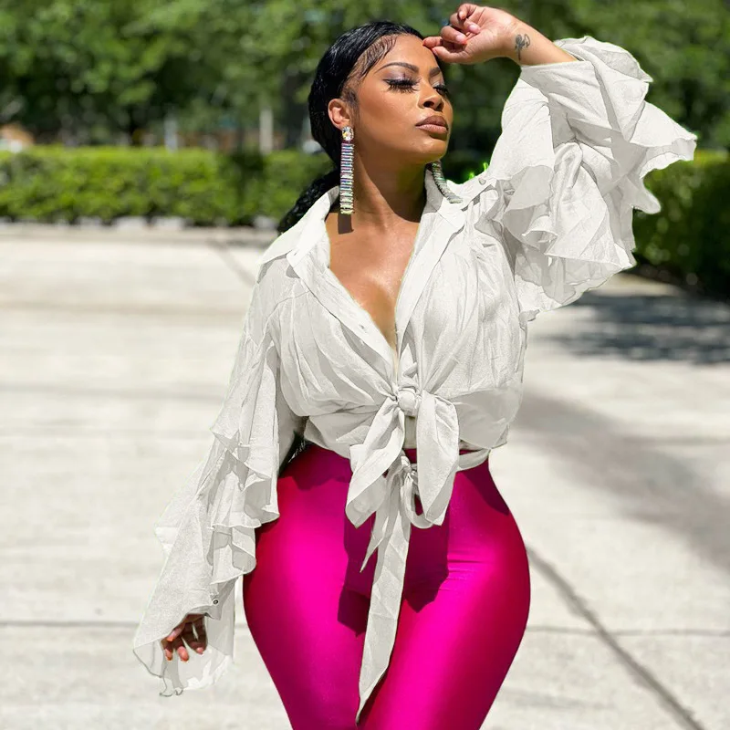 

Elegant Women Tie Up Ruffles Flare Long Sleeve Single Breasted Turn-down Neck Shirt 2022 Chic Streetwear Blouse
