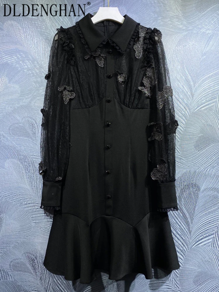 

DLDENGHAN Fashion Designer Spring Dress Women Lace Long Sleeves Butterfly Appliques Crystal Button Vintage Dresses