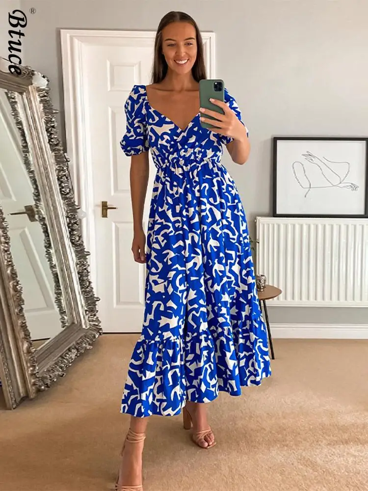 

Платье женское длинное с принтом, повседневный элегантный пляжный сарафан свободного кроя с V-образным вырезом и коротким рукавом, элегантн...