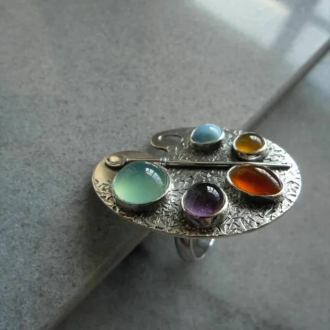 Женское кольцо с инкрустацией овальными камнями, винтажное регулируемое кольцо с геометрическим рисунком и литым под давлением