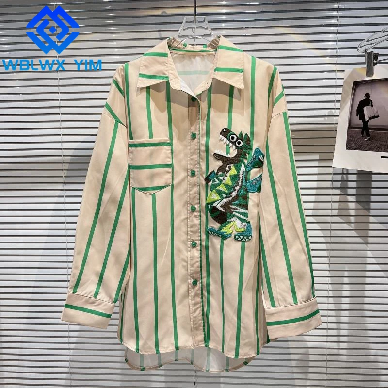 

Женские топы и блузки с вышивкой в виде динозавра, модная полосатая рубашка с длинным рукавом, лацканами и карманами, женская блузка в стиле ...