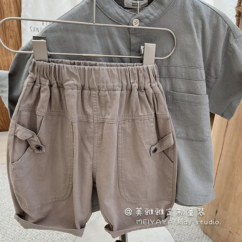Children's Clothing Boy's Short-Sleeved Shirt Children's Summer 2022 New Baby Japanese Style Artistic Summer Two-Piece Suit