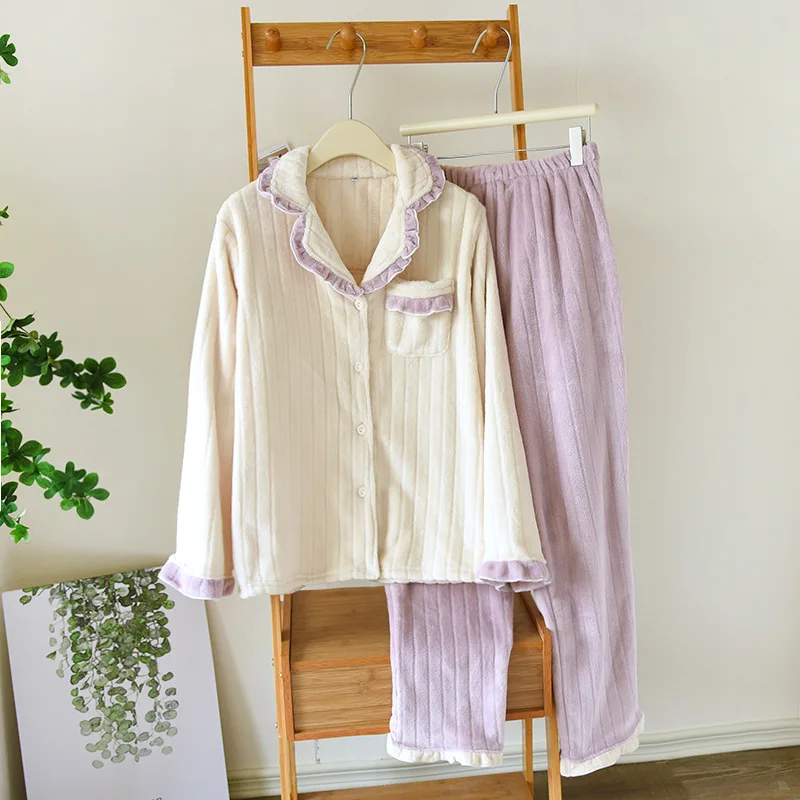 New autumn and winter women's pajamas long-sleeved trousers two-piece flannel thickened pajamas suit coral fleece home service