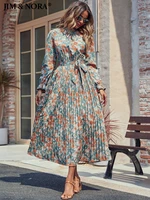 jim nora vintage vestidos women floral print pleated dress female long sleeve tunic midi dress fashion casual autumn holiday