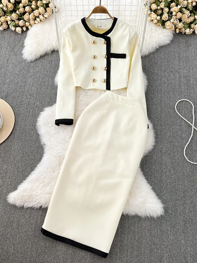

FTLZZ Autumn Winter Office Lady Two Piece Sets O-neck Double Breasted Cardigan Coat Tops and Empire Slim Bodycon Skirt
