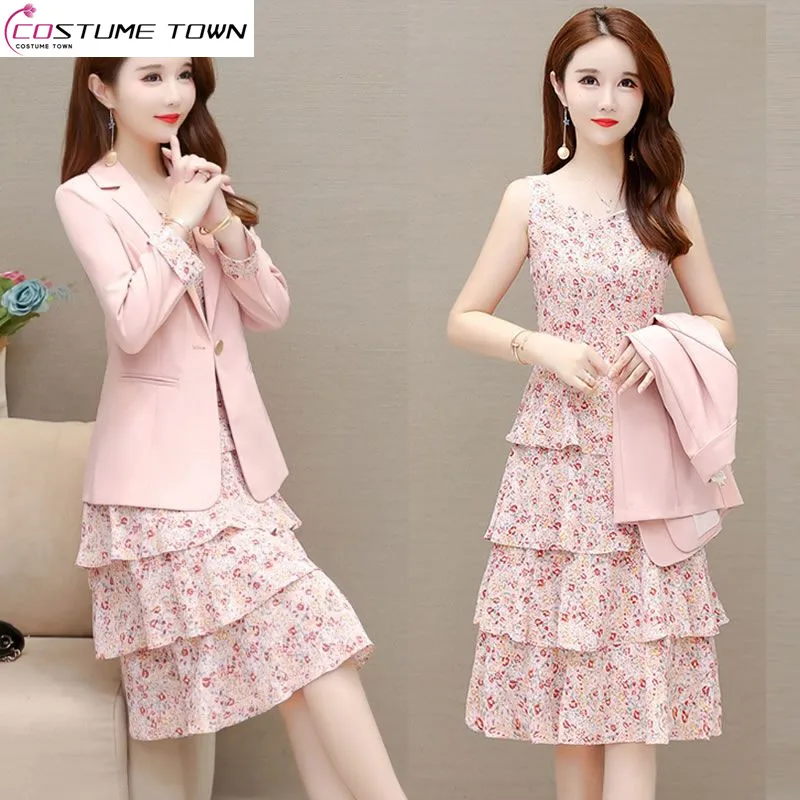Vintage Printed Layered Ruffle Pleated Dress with Ruffles Slim Fitting Jacket Blazer Two Piece Elegant Women's Party Dress Set