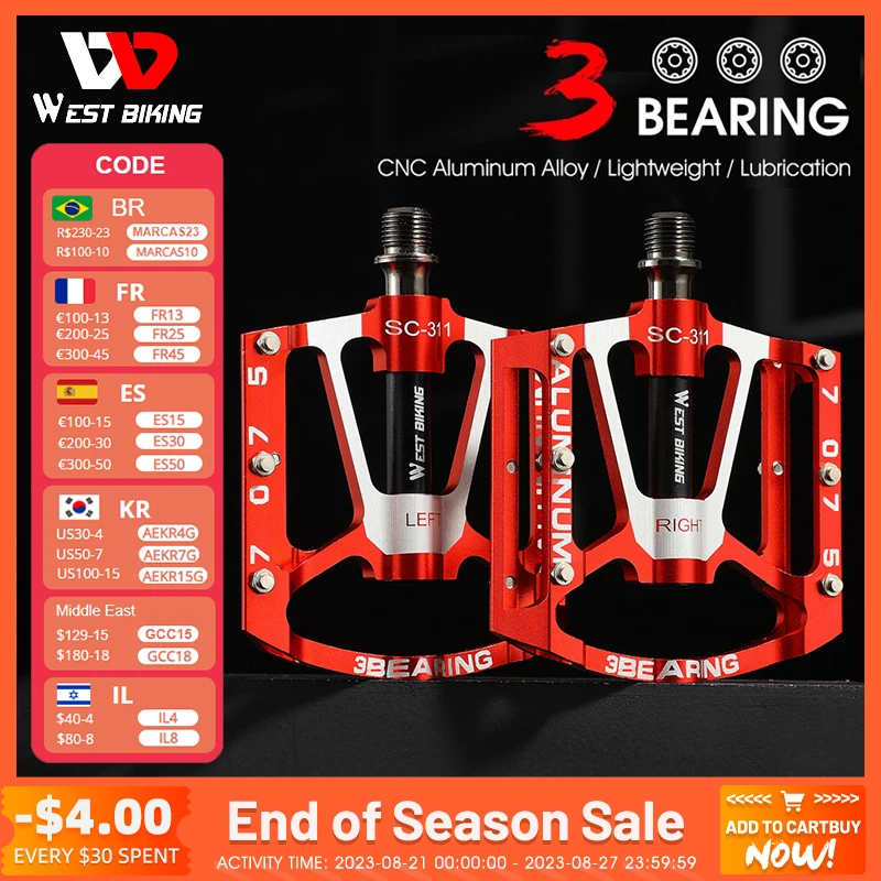 WEST BIKING Bicycle Pedals 3 Bearings Non-Slip MTB Pedals Al