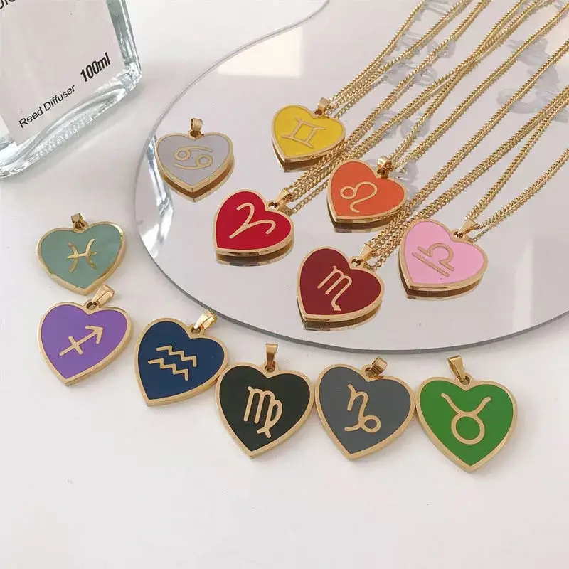 

VG 6YM 12 Constellations Heart Enamel Necklaces Colorful Gold Color Zodiac Sign Necklaces For Women Trend Neck Jewelry 2022