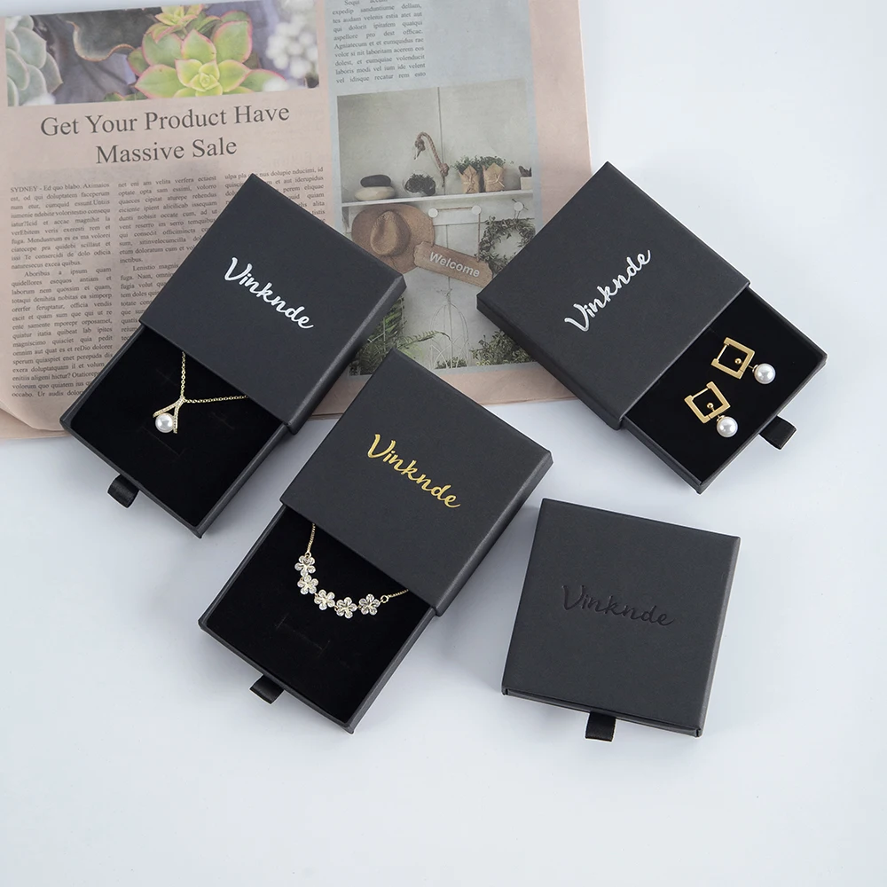 50 Custom Logo Cardboard Jewelry Necklace Drawing Gift Box Package Slide Drawer Paper Box with Black Foam for Jewelry Packaging