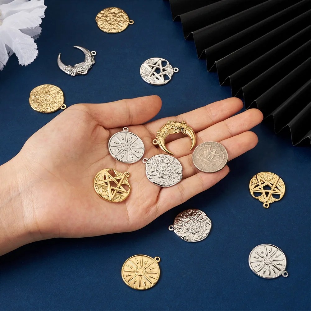 16Pcs 304 Stainless Steel Sun Moon Star Pendant 2 Colors Charms for Necklace Bracelet Earrings DIY Jewelry Handcrafted Making