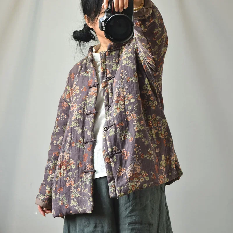 Женские винтажные парки из хлопка и льна Johnature теплые пальто с цветочным принтом