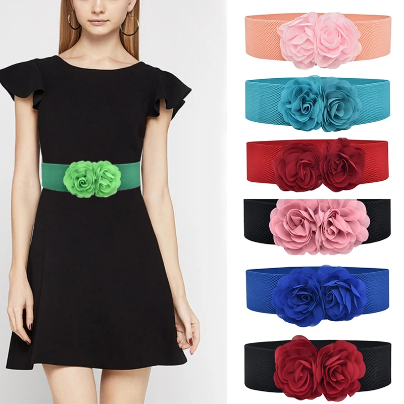 

High Quality Belts for Women Big Flower Elastic Waist Belt Chiffon Flower Wide Corset Fashion Coat Dress Decorative Waistband