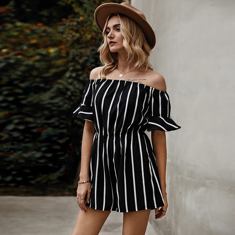 

Summer Women's One-line Collar Open Shoulder Short-Sleeve Stripes Shorts Jumpsuits