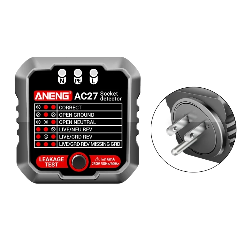 

Socket Tester Plug- Polarity- Phase Check Detectors Voltage-Test Multi-function Electroscopes Tool with US/EUPlug