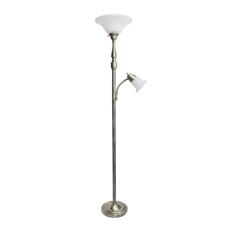 

Torchiere Floor Lamp with Reading Light and Marble Glass Shades, Antique Brass