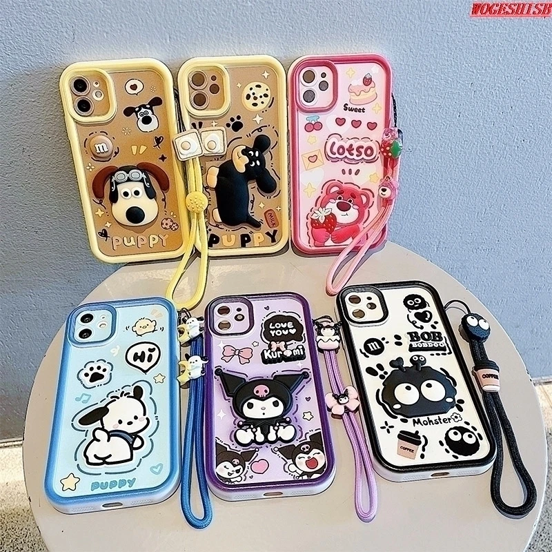 3D Cartoon Kuromi Phone Case For Vivo Y27 Y28 Y30G Y30 Y36 Y35 Y33 Y53S Y51 Y52 Y55 Y58 Strap Rope Cute Lanyard Soft Cover