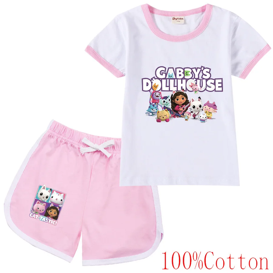 

Комплект одежды для девочек Gabby's Dollhouse, летняя одежда, топы с коротким рукавом и брюки, детский спортивный костюм, модная повседневная одежда для детей