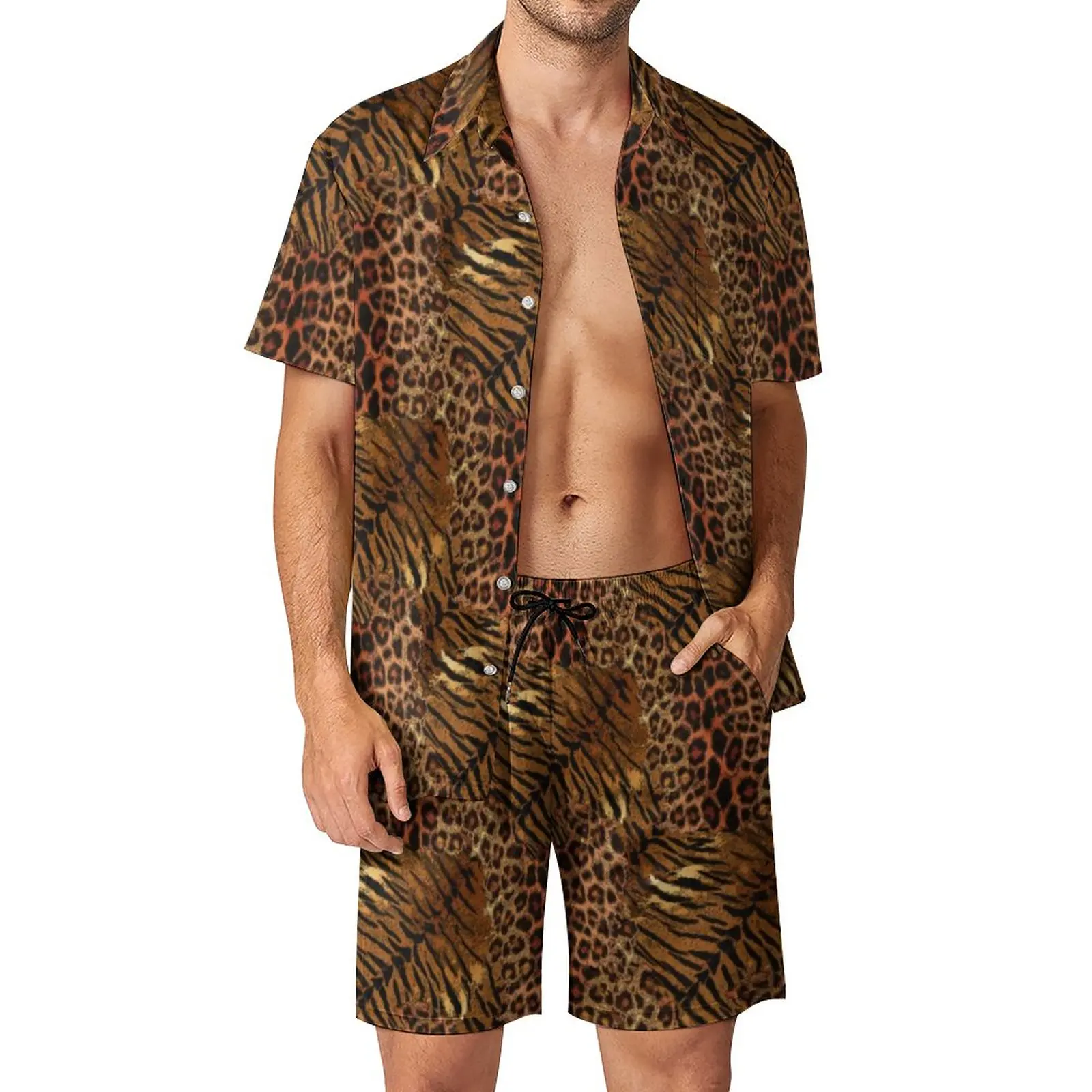 

Leopard Tiger Skin Men Sets Trendy Spotted Striped Cat Casual Shorts Beach Shirt Set Summer Fashion Suit Short-Sleeve Plus Size