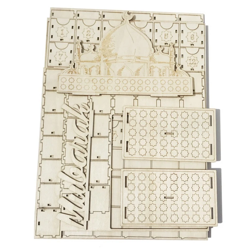 

NEW-Wooden DIY Muslim Countdown Calendar Palace, LED Eid Mubarak Decoration Decoration