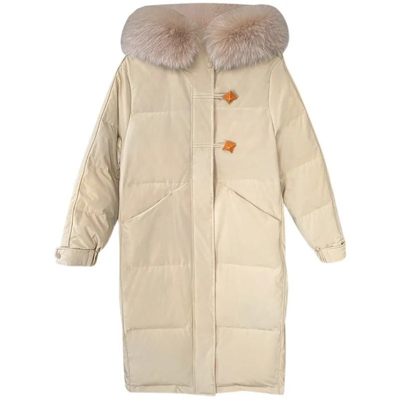 Thickened Down Jacket Women's Medium-length Winter White Duck Down Cotton Jacket Solid Colour Warm Slim Knee-length Waist Coat