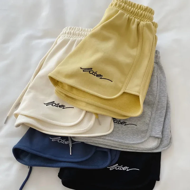 New Women Summer Short Pants Embroidery Letters Drawstrings Elastic Waistband High Waist Shorts Ladies Short Tight Trousers