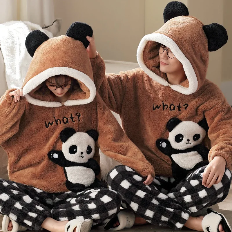 Winter Thicken Couples Pajamas Sets Sleepwear Adult  Cartoon Cat Kawaii Women Men Anime Pyjamas Korean Hoodie Suits Nightgown images - 6