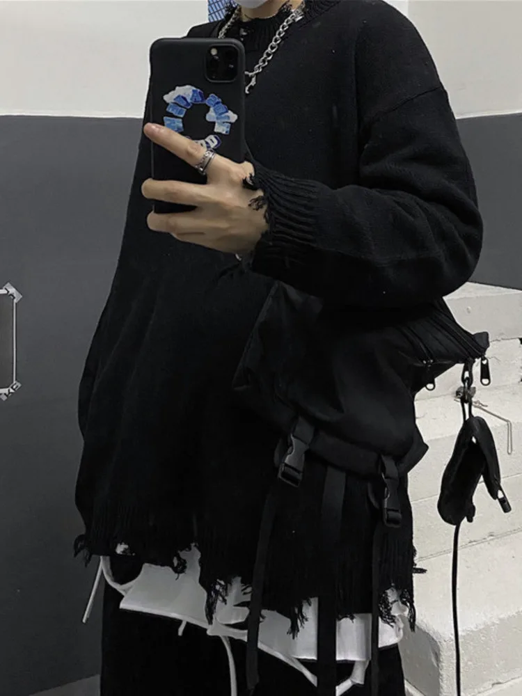 Рваный свитер PFNW уличная одежда в стиле хип-хоп однотонный пуловер с круглым