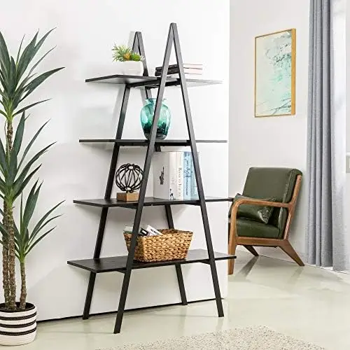 

Industrial Bookshelf Modern Tall Ladder Bookshelf Vintage Bookcase Freestanding Plant Stand Wood and Metal Frame Open Shelf Disp