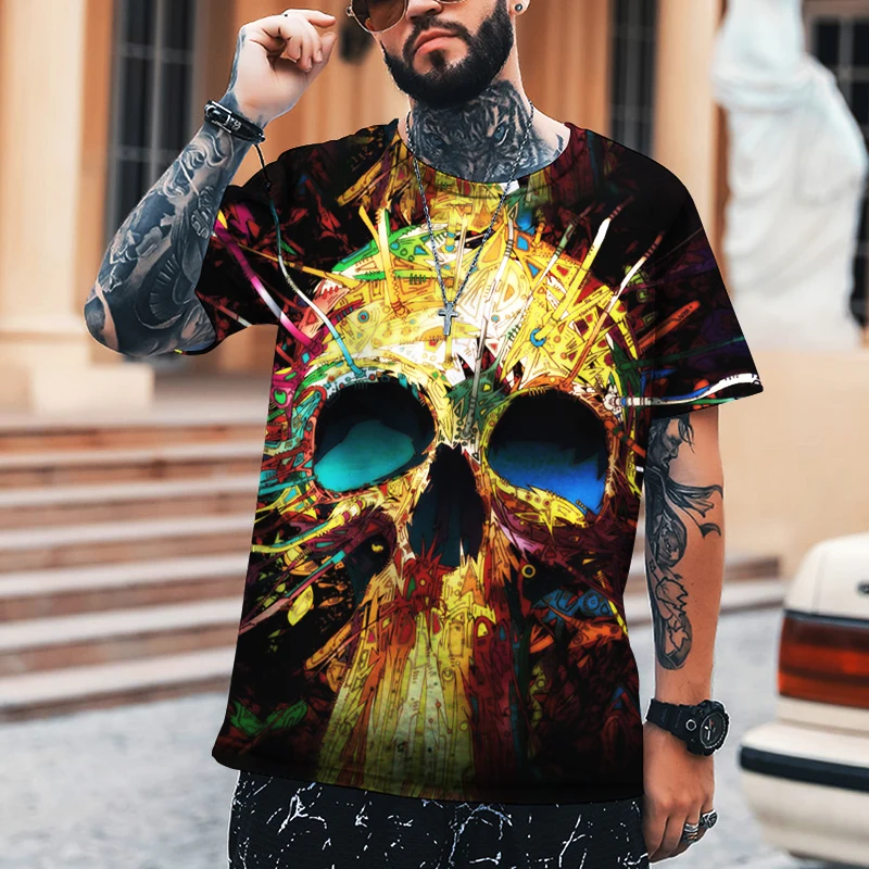 

Street Fashion T-shirt Skull Pattern With Tattoo Effect Is Cooler Men's Women's Short Sleeve T-shirt Leica Polyester T-shirt