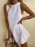 2022 spring summer women elegant solid color cotton blends white dress scallop trim sleeveless casual dress