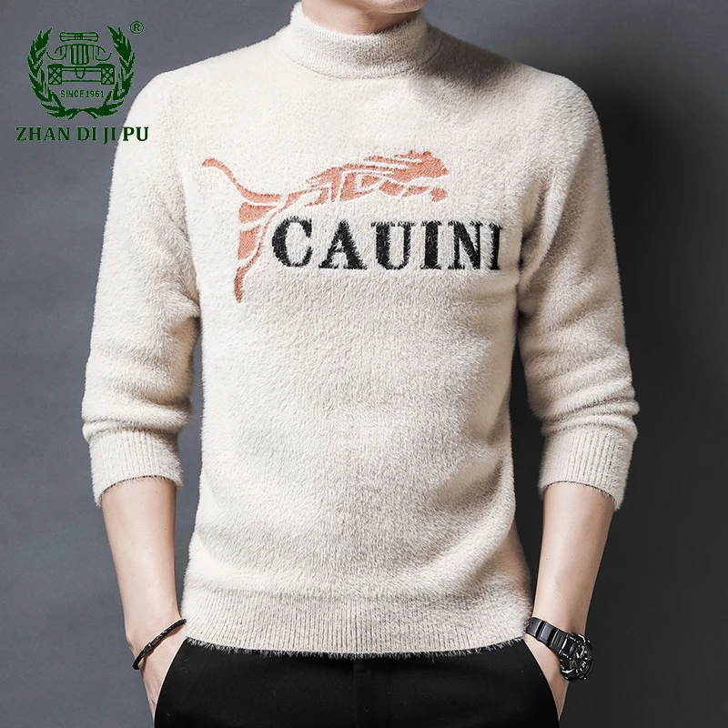 

Top Grade Knit Mens Turtleneck Sweater Casual Men's Clothing Imitation Mink New Autum Winter Fashion Brand Designer Pullover
