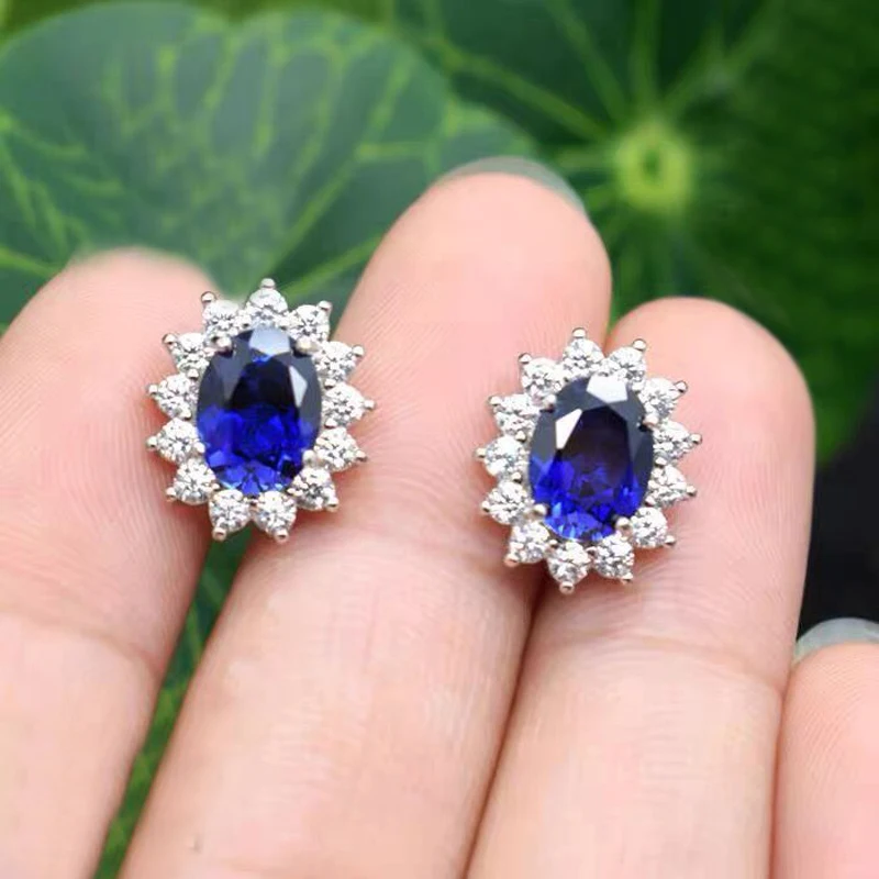 

Luxury Oval Lab Sapphire Earrings for Women Real Tibetan Silver Jewelry with Flower Shaped Engagement Earrings Gift