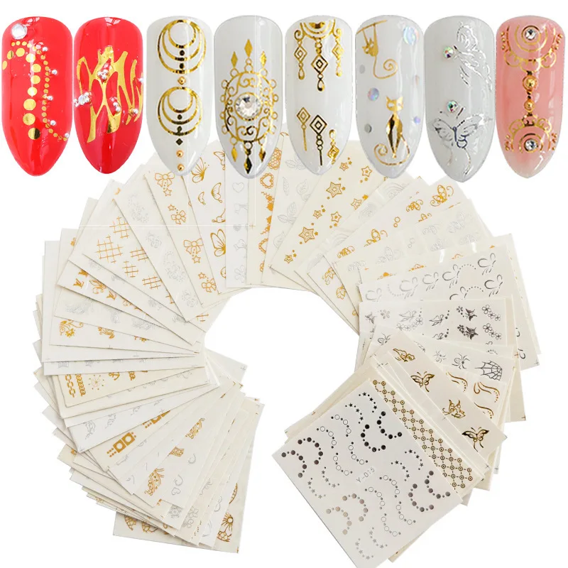 

New 30Pcs Gold 3D DIY Nail Art Stickers Hollow Sliver Decals Mixed Designs Adhesive Flower Nail Tips Decorations Salon Accessory