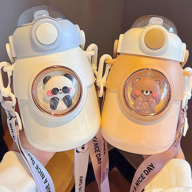 

700 мл Термос, бутылка для воды, милая бутылка для воды из нержавеющей стали с соломенным ремешком, герметичная вакуумная фляжка с мультяшным ...