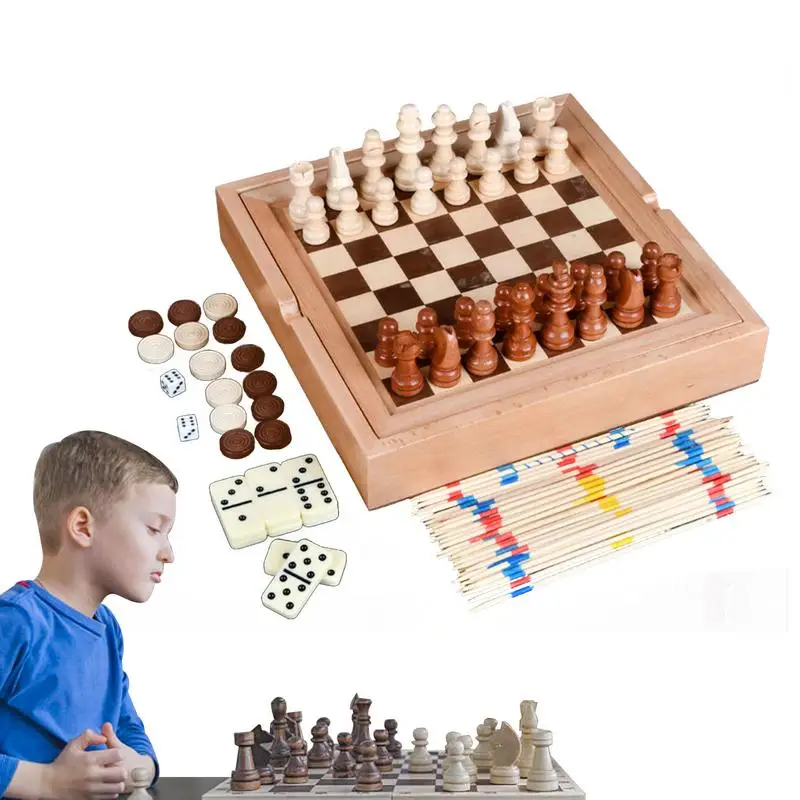 

Wood Board Games Chess Checkers Game Set 5 In 1 Checkers Set With Storage Drawer Board Games For Kids And Adults Travel Portable