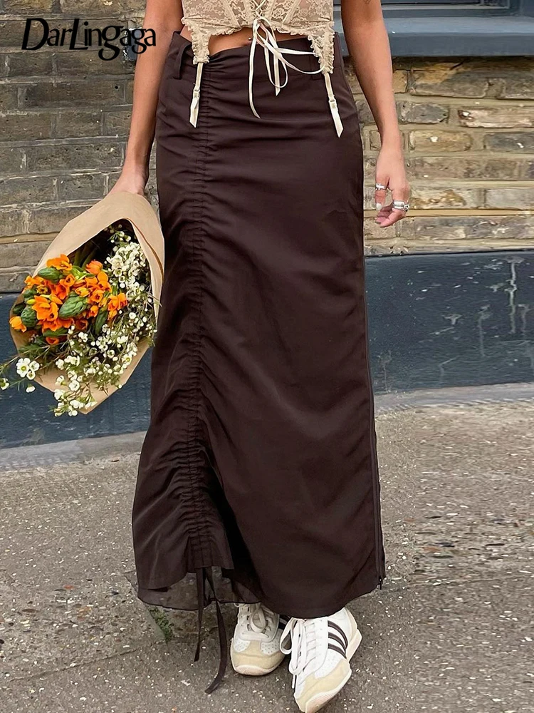 

Darlingaga Y2K Retro Fashion Brown Drawstring Low Waist Long Skirts Asymmetrical Chic Shirring Women's Skirt Double Layer Bottom
