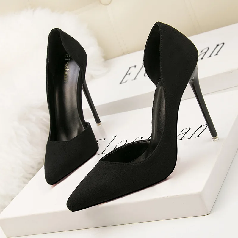 Summer Female Causal Suede Sandals Simple Sexy Slimming Stiletto High Heel Shallow Mouth Pointed Toe Side Cutout Women's Shoes