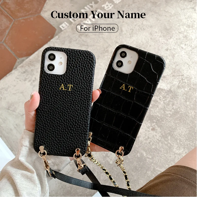 

Luxury Brand Personalise Name A-Z Letters Leather Crossbody Lanyard Hard Case For iPhone 14 13 12 11 15 Pro X XS Max 7 Cover