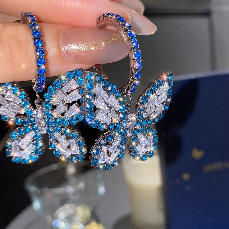 

New Style Golden Butterfly Zircon Crystal Dangle Earrings for Women Blue Rhinestone Weddings Party Jewelry Accessories
