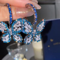 new style golden butterfly zircon crystal dangle earrings for women blue rhinestone weddings party jewelry accessories